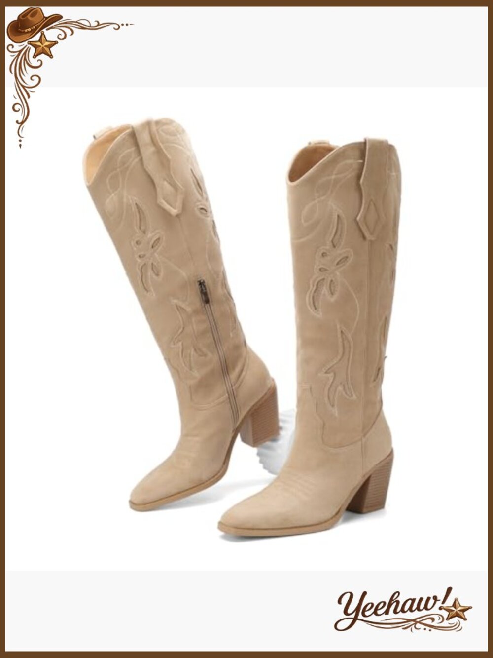 Embroidered Cowgirl Boots Knee High Square Toe Chunky Heel - Picture 2 of 7